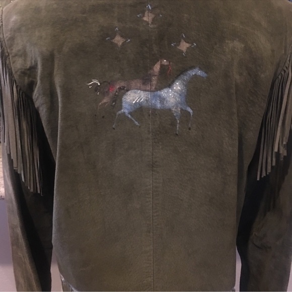 Patty Lewis Patricia Wolf leather fringe jacket skirt hand painted Indian ponies - Picture 4 of 8